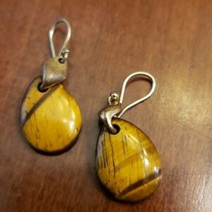 VINTAGE Monet Tiger Eye Drop Pierced Hook Earrings 1" EUC